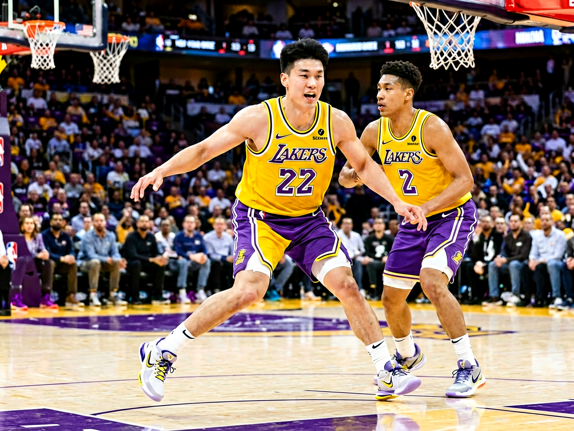 NBA常规赛比赛现场，湖人队进攻瞬间